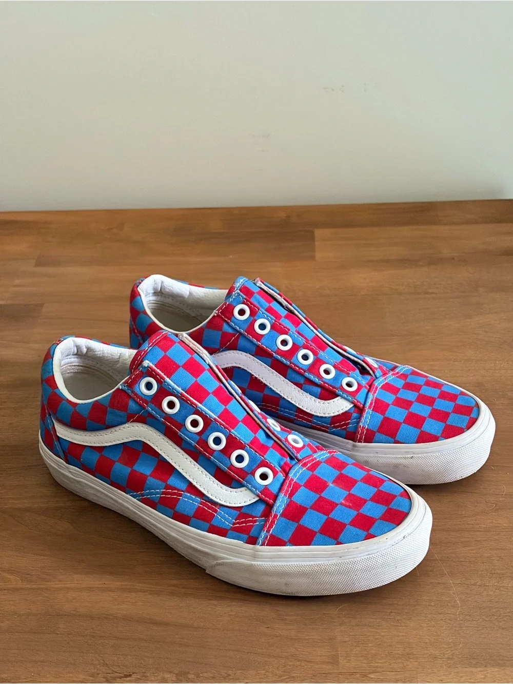 Vans Old Skool Red Blue Checkerboard Sneakers Men 6 Women 7.5 Low Top Skate